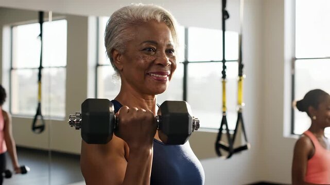 Senior woman curls dumbbells smiling in gym during fitness class. Mature woman exercises with weights in group workout. Senior athlete lifting dumbbells. Woman smiling while strength training.