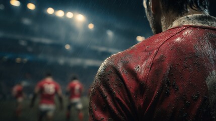 Rugby player in red jersey covered in mud on field