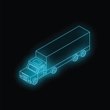 Neon blue lorry truck is driving through a black void
