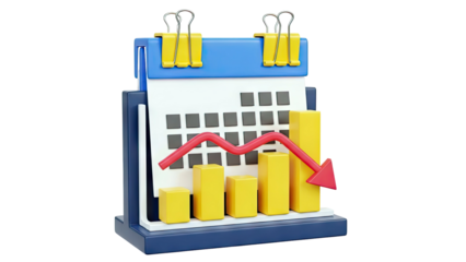 3D Calendar with Falling Bar Graph and Red Arrow
