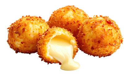 Four golden, crispy fried cheese balls, one cut open to reveal creamy filling