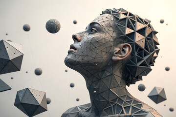 A compelling digital art portrait of a human figure composed of intricate geometric patterns and a wireframe structure, surrounded by floating abstract shapes