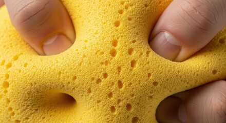 Macro close-up of fingers squeezing yellow memory foam stress ball showing soft squishy texture and compression wrinkles for sensory stress relief concepts