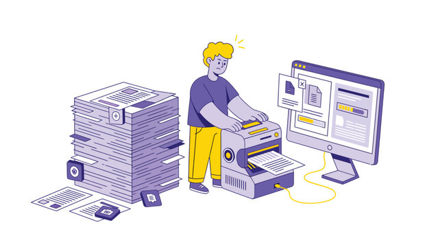 Office worker digitizing paper documents with a scanner and computer. Data conversion and digital filing concept.