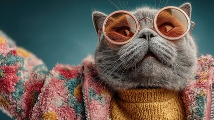 Cute gray cat in yellow shirt pink floral jacket and sunglasses dancing, blue solid background HD funny expression vibrant color pet photography material