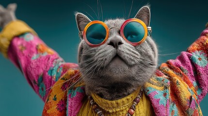 Cute gray cat in yellow shirt pink floral jacket and sunglasses dancing, blue solid background HD funny expression vibrant color pet photography material