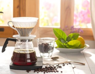 Pour-over coffee brewing, glass decanter, beans scattered, soft natural light, greenery, wooden window frame