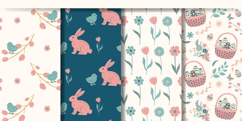 Set of spring backgrounds with bunnies, flowers and birds. Spring seamless patterns. Easter ornaments