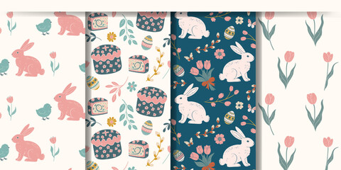 Spring backgrounds with bunnies, flowers and easter eggs. Springtime seamless patterns. Easter ornaments