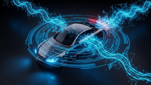 Futuristic Car with Digital Waves - Powered by Adobe