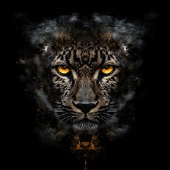 Leopard Face with Yellow Eyes on Background with Blurred Smoke Effect black background