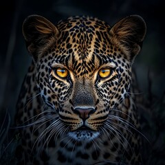 Leopard with vibrant yellow eyes looking directly at the camera against a dark background spotted fur
