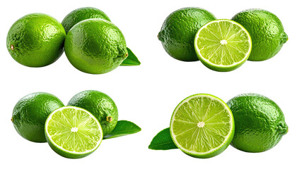 Four groupings of limes, whole and sliced, with green leaves, set against a black backdrop