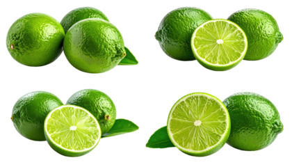 Four groupings of limes, whole and sliced, with green leaves, set against a black backdrop