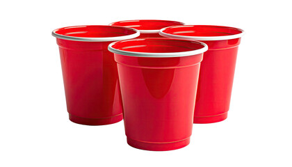 Four identical plastic containers in vibrant red with white rims, floating against a black backdrop