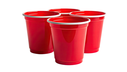 Four identical plastic containers in vibrant red with white rims, floating against a black backdrop