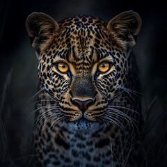 Leopard with yellow eyes against a dark background spotted fur wild cat