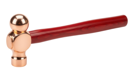 Ball peen hammer isolated PNG on transparent background, copper head and wooden handle for metalworking and jewelry making