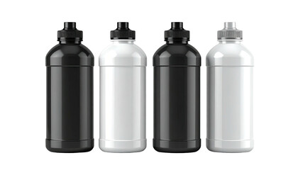 Four identical plastic water bottles in black and white, viewed in a front-facing row