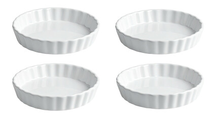 Four identical, white, fluted-edge ramekins arranged on a solid black background