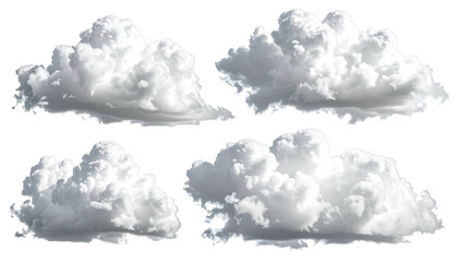 Four isolated fluffy cumulus clouds float against a dark backdrop