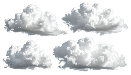 Four isolated fluffy cumulus clouds float against a dark backdrop