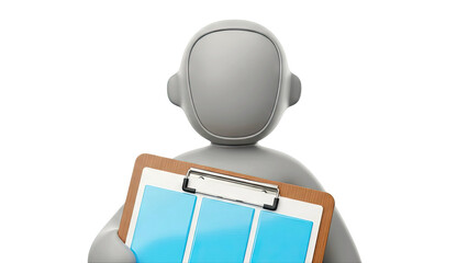 3D gray character holding clipboard with blue charts