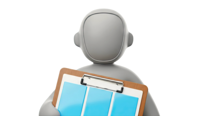 3D gray character holding clipboard with blue charts