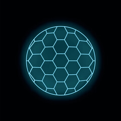 Naklejka premium Neon blue hexagonal grid forming a futuristic sphere, ideal for technology or abstract concepts