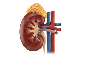 Human kidney with adrenal gland isolated PNG, detailed anatomical model on transparent background for medical education and healthcare visuals