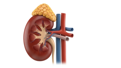 Human kidney with adrenal gland isolated PNG, detailed anatomical model on transparent background for medical education and healthcare visuals
