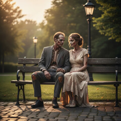 Zombie Couple Sitting Together on a Park Bench at Sunset
