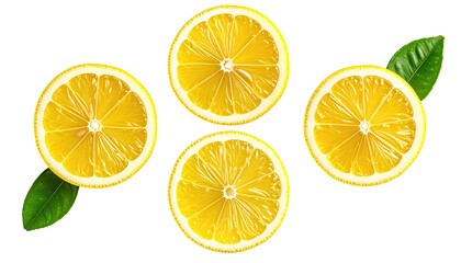 Four lemon slices with green leaves, cut and arranged on a black background