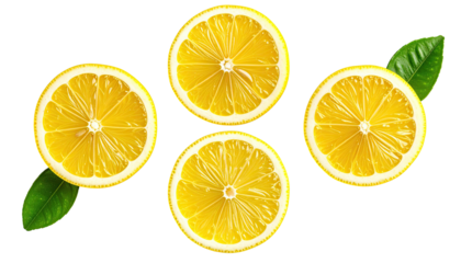 Four lemon slices with green leaves, cut and arranged on a black background