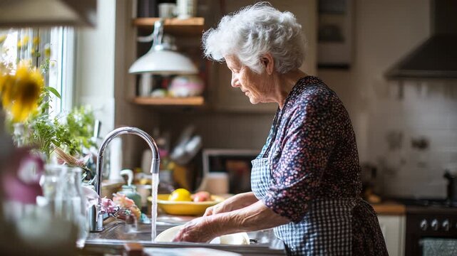 Senior Woman Washing Vegetables at Kitchen Sink - Domestic Task, Healthy Eating, and Everyday Life.