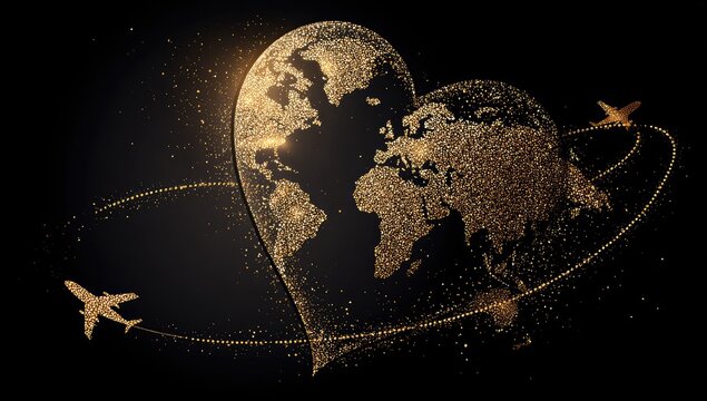 Glittering heart-shaped world map with orbiting airplanes, on black background