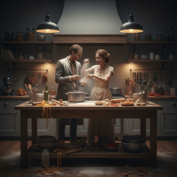 Zombie couple cooking together in a cozy kitchen