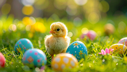 a cute small fluffy baby chick standing on lush green grass, surrounded by colourful decorated Easter eggs, spring and Easter celebrations concept, vibrant colours