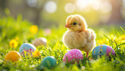 a cute fluffy baby chick standing on lush green grass, surrounded by colourful decorated Easter eggs, spring and Easter celebrations concept, vibrant colours.