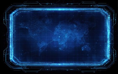 Futuristic digital world map display with glowing blue grid lines and circuits