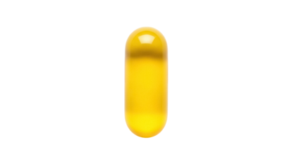 Shiny yellow capsule isolated PNG on transparent background, single vitamin or medicine pill for healthcare and pharmaceutical use
