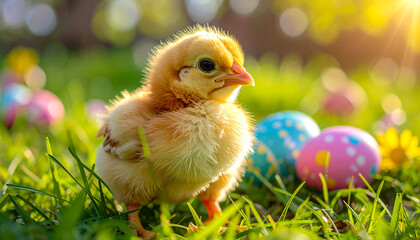 Happy Easter concept, a cute fluffy baby chick standing on lush green grass, surrounded by colourful decorated Easter eggs, spring and Easter celebrations theme, vibrant colours