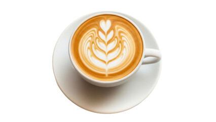 Latte art in a white cup isolated PNG, coffee with heart and leaf design on transparent background,...