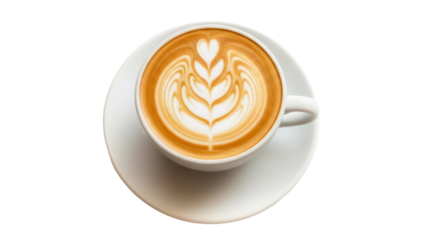 Latte art in a white cup isolated PNG, coffee with heart and leaf design on transparent background, cappuccino for cafe menu and beverage concepts