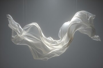Naklejka premium Ethereal white fabric flows in soft light, suspended in a serene atmosphere