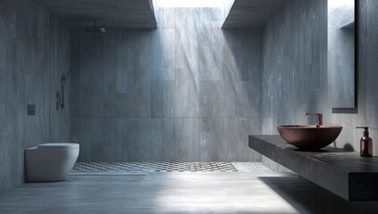 Modern minimalist bathroom with skylight, concrete, and copper accents