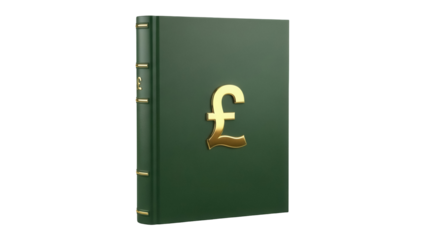 Green book with golden pound symbol isolated PNG, finance and investment concept for business and education materials on transparent background