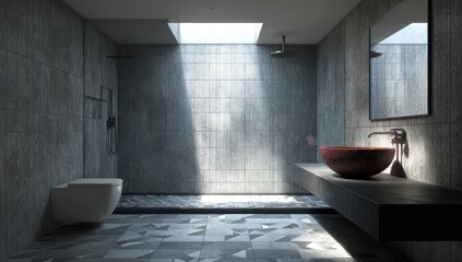 Modern concrete bathroom with sink, toilet, shower, skylight, and mirror