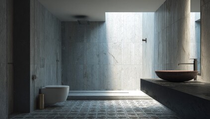 Modern minimalist bathroom with natural light, stone tiles, and simple fixtures