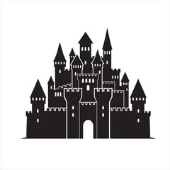 Fototapeta premium Detailed Medieval Castle Silhouette with Fortified Walls and High Towers; Royal Stone Fortress and Citadel Illustration Isolated on White Background for Fantasy and History Design